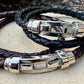 Braided leather bracelet with magnetic closure/ stainless steel shackle double wrap genuine leather bracelet