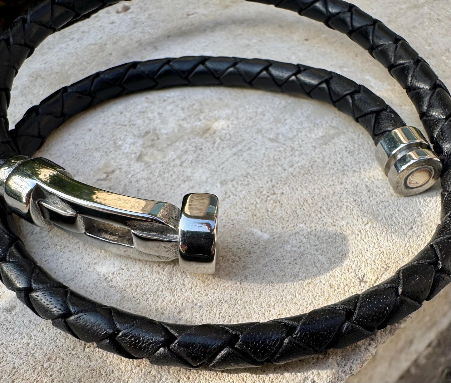 Braided leather bracelet with magnetic closure/ stainless steel shackle double wrap genuine leather bracelet