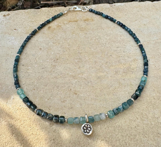 Tourmaline Paraiba Blue Indicolite anklet with flower charm / sterling silver gemstone ankle bracelet