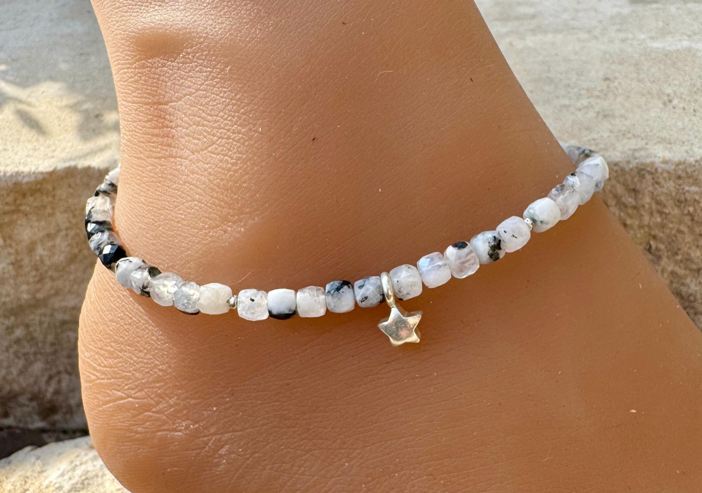 Rainbow Moonstone with Black Tourmaline anklet with star charm / sterling silver gemstone ankle bracelet