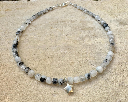 Rainbow Moonstone with Black Tourmaline anklet with star charm / sterling silver gemstone ankle bracelet