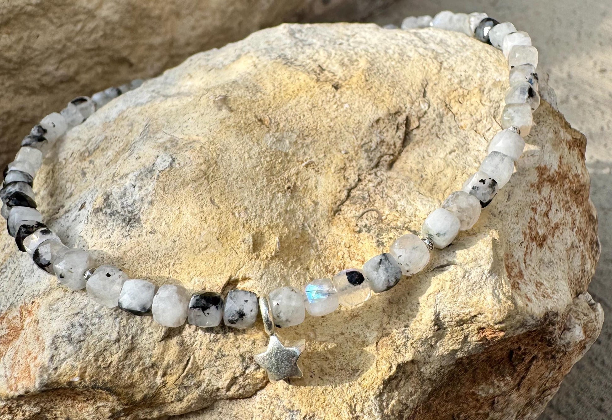 Rainbow Moonstone with Black Tourmaline anklet with star charm / sterling silver gemstone ankle bracelet