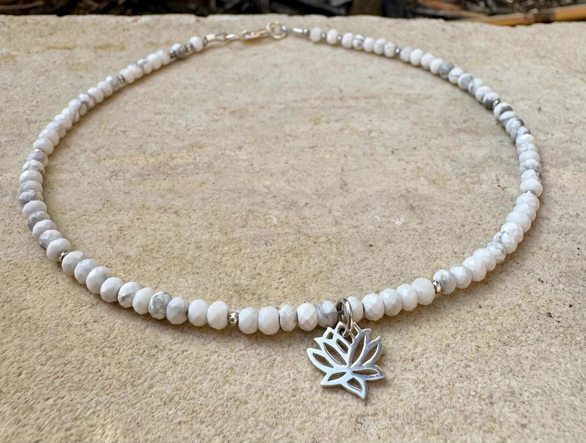 White Howlite Anklet with Lotus Flower Charm, Sterling Silver Gemstone Bracelet, Yoga Jewelry, Gift for Her, Nature Jewelry, Summer Anklet