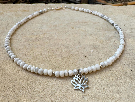 White Howlite Anklet with Lotus Flower Charm, Sterling Silver Gemstone Bracelet, Yoga Jewelry, Gift for Her, Nature Jewelry, Summer Anklet