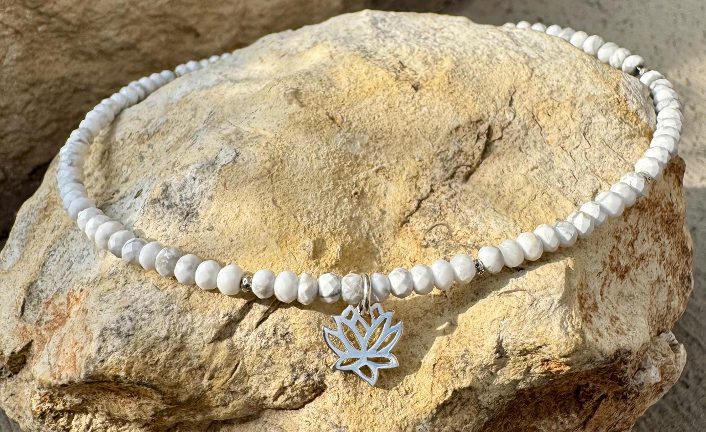 White Howlite Anklet with Lotus Flower Charm, Sterling Silver Gemstone Bracelet, Yoga Jewelry, Gift for Her, Nature Jewelry, Summer Anklet