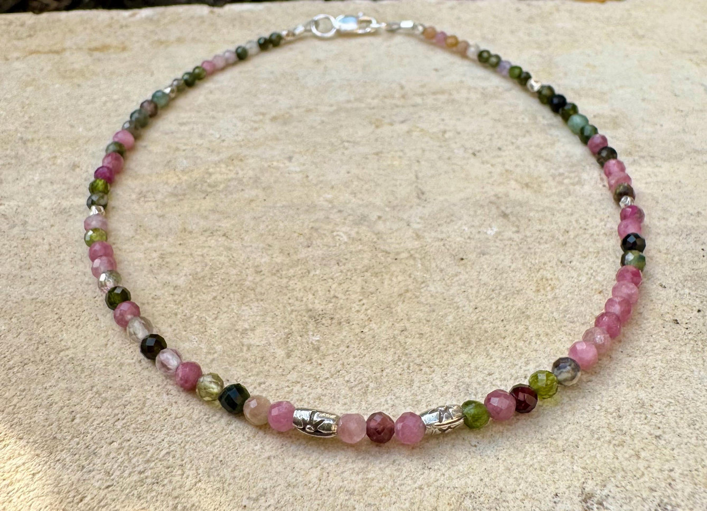 Pink and Green Tourmaline Anklet, Sterling Silver Spacers, Gemstone Ankle Bracelet, Women's Jewelry, Gift Idea