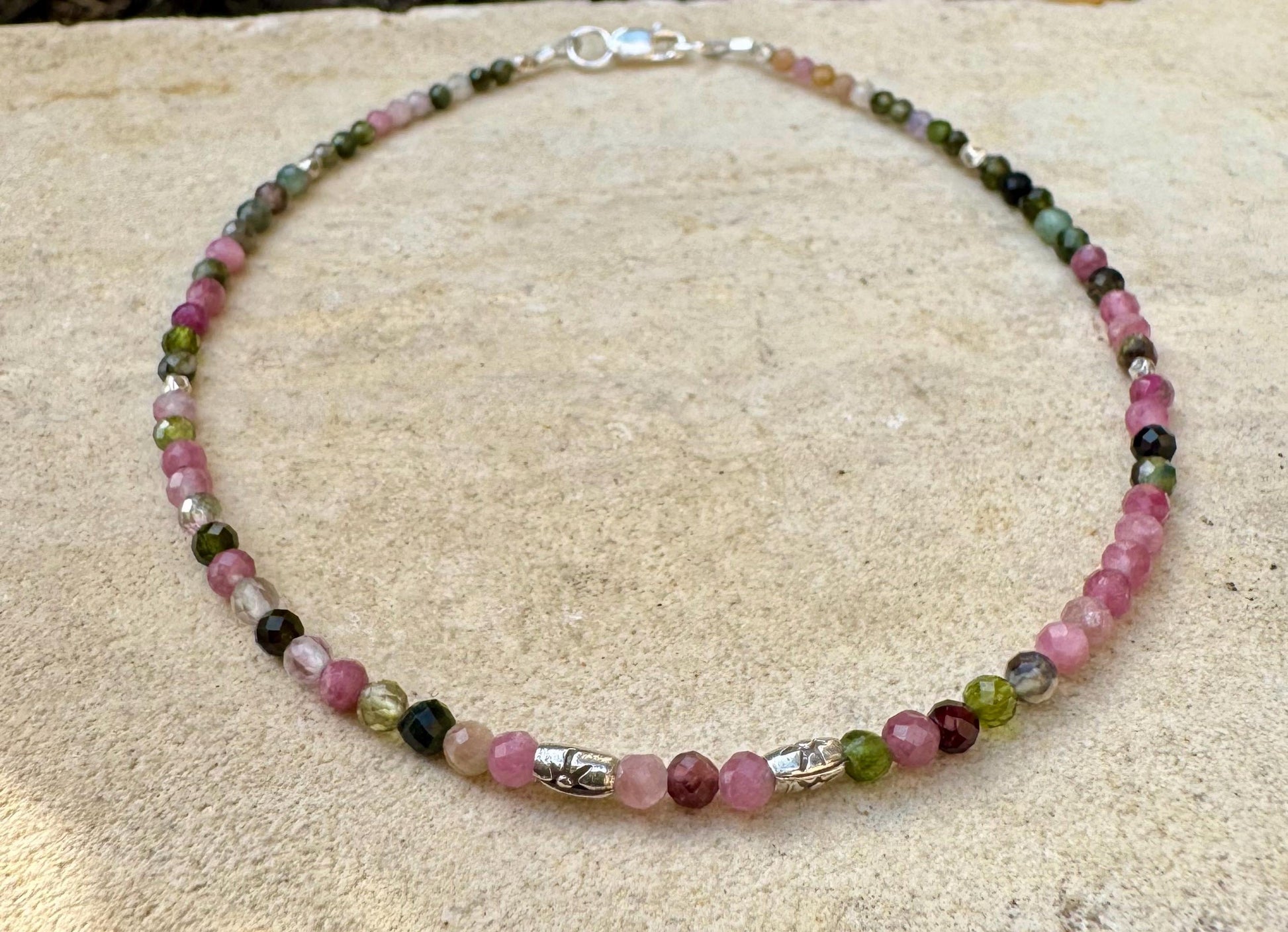 Pink and Green Tourmaline Anklet, Sterling Silver Spacers, Gemstone Ankle Bracelet, Women's Jewelry, Gift Idea