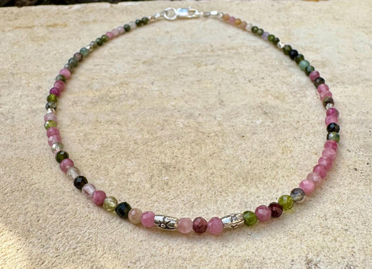 Pink and Green Tourmaline Anklet, Sterling Silver Spacers, Gemstone Ankle Bracelet, Women's Jewelry, Gift Idea