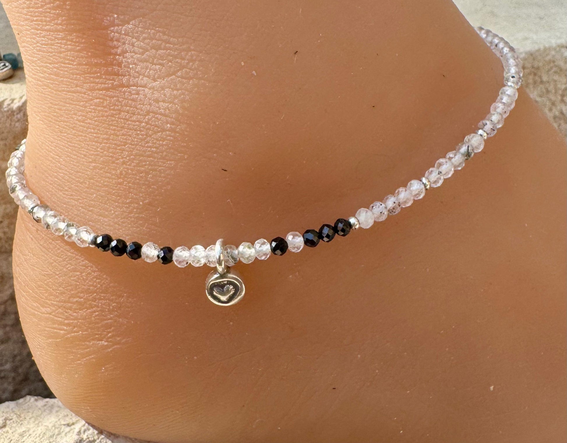 Hematite Phantom Quartz and Black Spinel anklet with sterling heart charm / sterling silver gemstone ankle bracelet