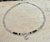 Hematite Phantom Quartz and Black Spinel anklet with sterling heart charm / sterling silver gemstone ankle bracelet