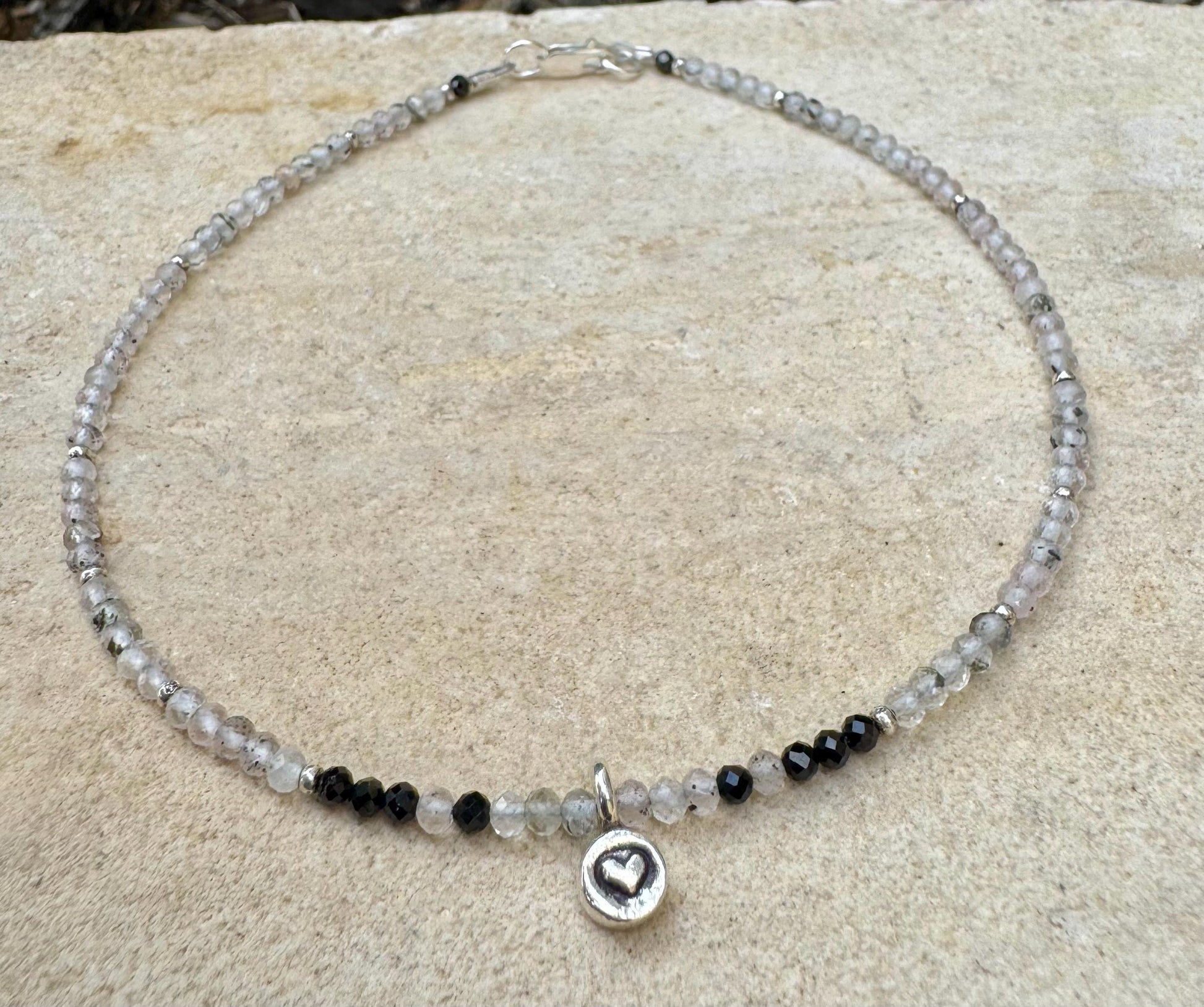 Hematite Phantom Quartz and Black Spinel anklet with sterling heart charm / sterling silver gemstone ankle bracelet