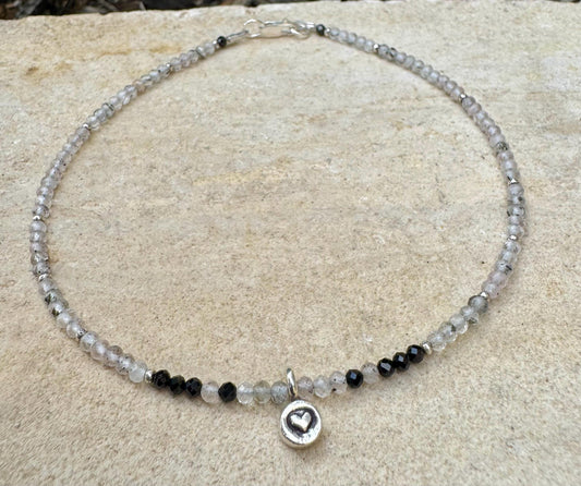 Hematite Phantom Quartz and Black Spinel anklet with sterling heart charm / sterling silver gemstone ankle bracelet