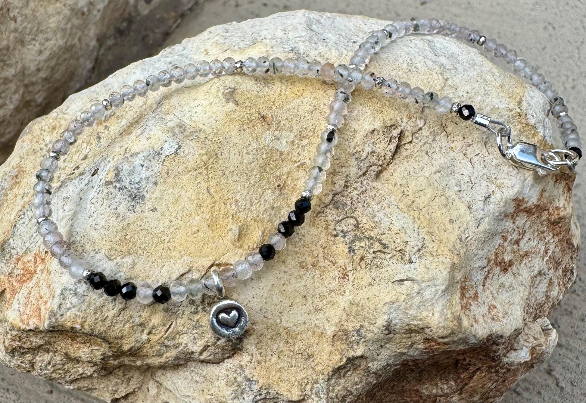 Hematite Phantom Quartz and Black Spinel anklet with sterling heart charm / sterling silver gemstone ankle bracelet