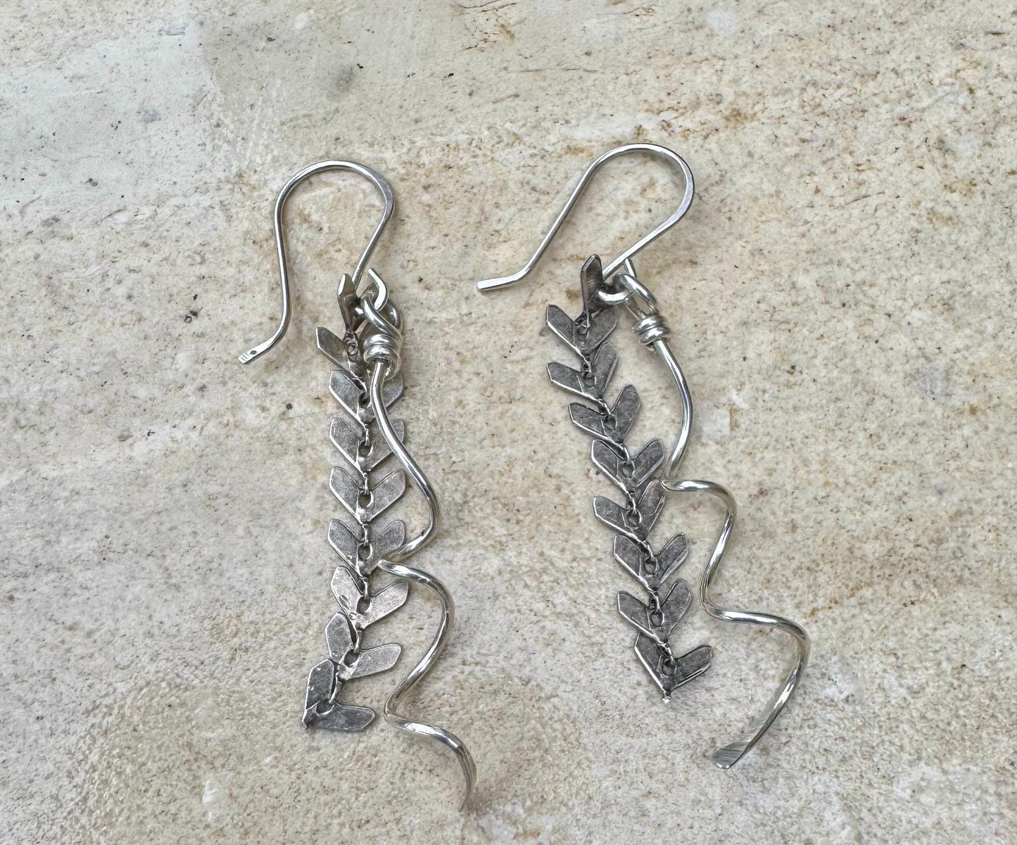 Sterling silver spiral dangle chain earrings