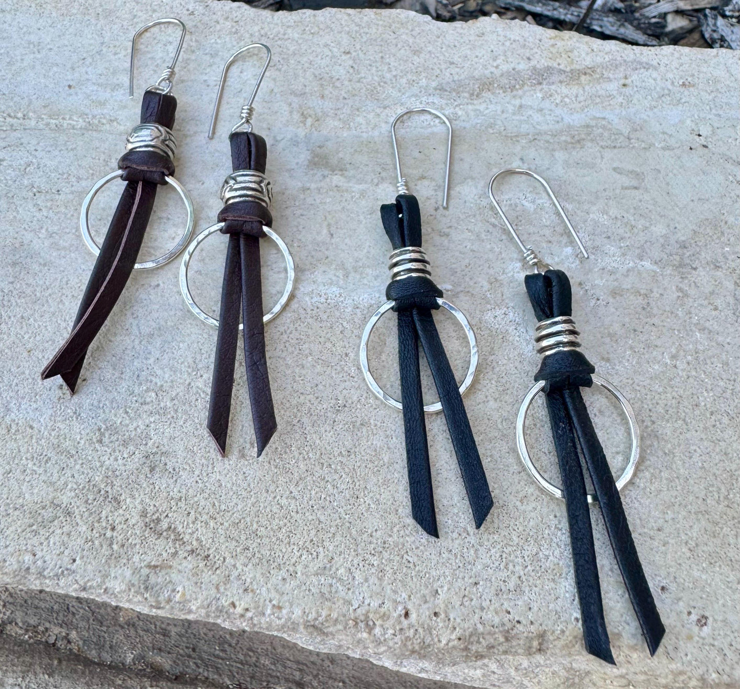 Sterling Silver Circle Leather Drop Earrings, Dangle Earrings, Minimalist Style, Women's Gift