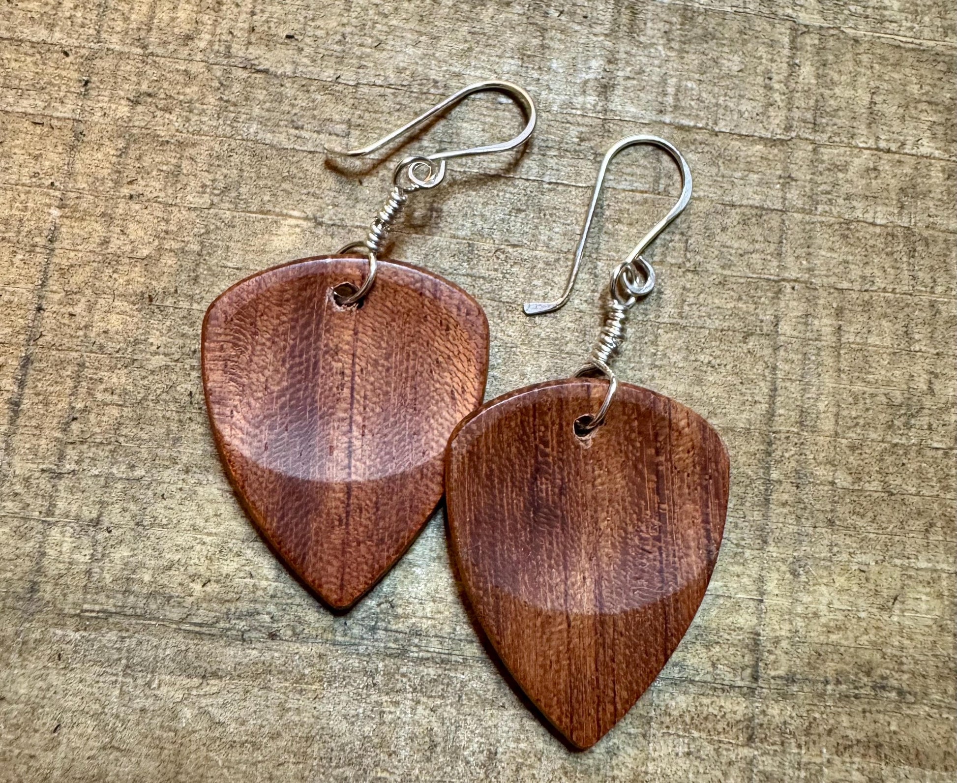 Guitar pick earrings wood with sterling silver wiring