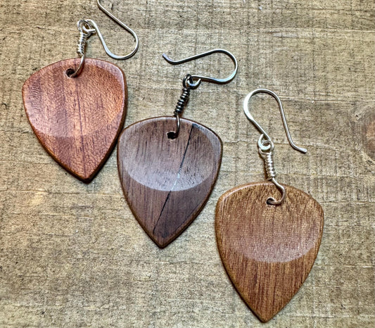 Guitar pick earrings wood with sterling silver wiring