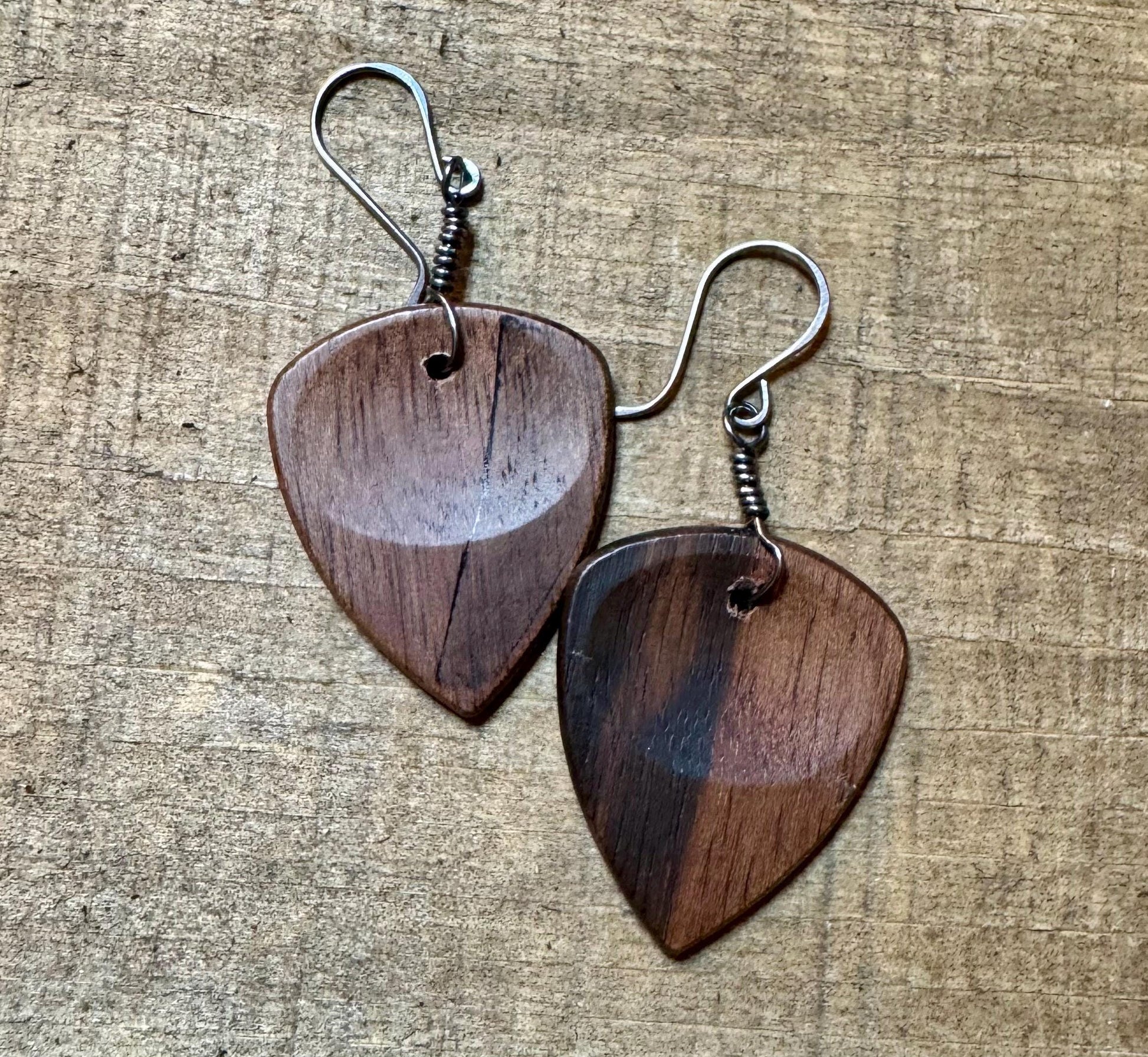 Guitar pick earrings wood with sterling silver wiring