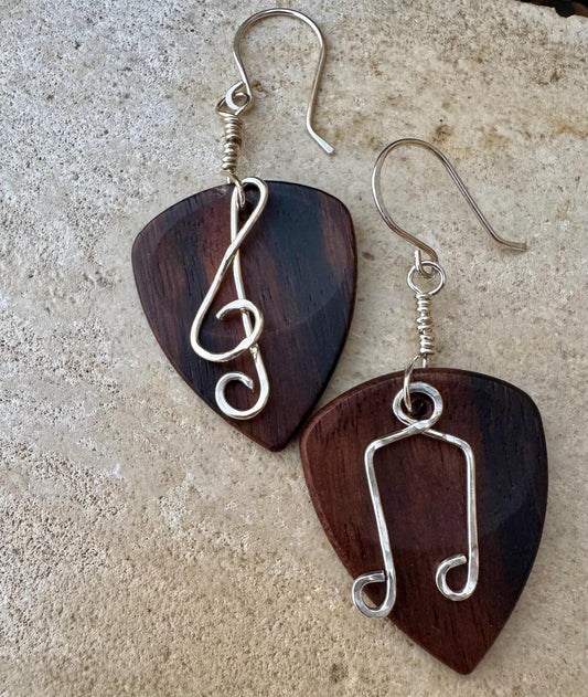 Guitar pick earrings / wood, sterling silver treble clef and note dangle
