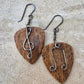 Guitar pick earrings / wood, sterling silver treble clef and note dangle