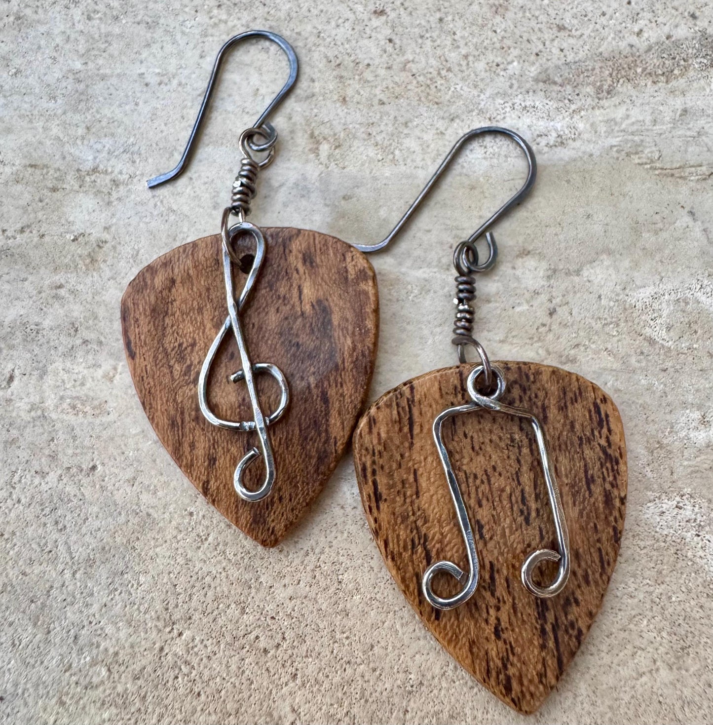 Guitar pick earrings / wood, sterling silver treble clef and note dangle