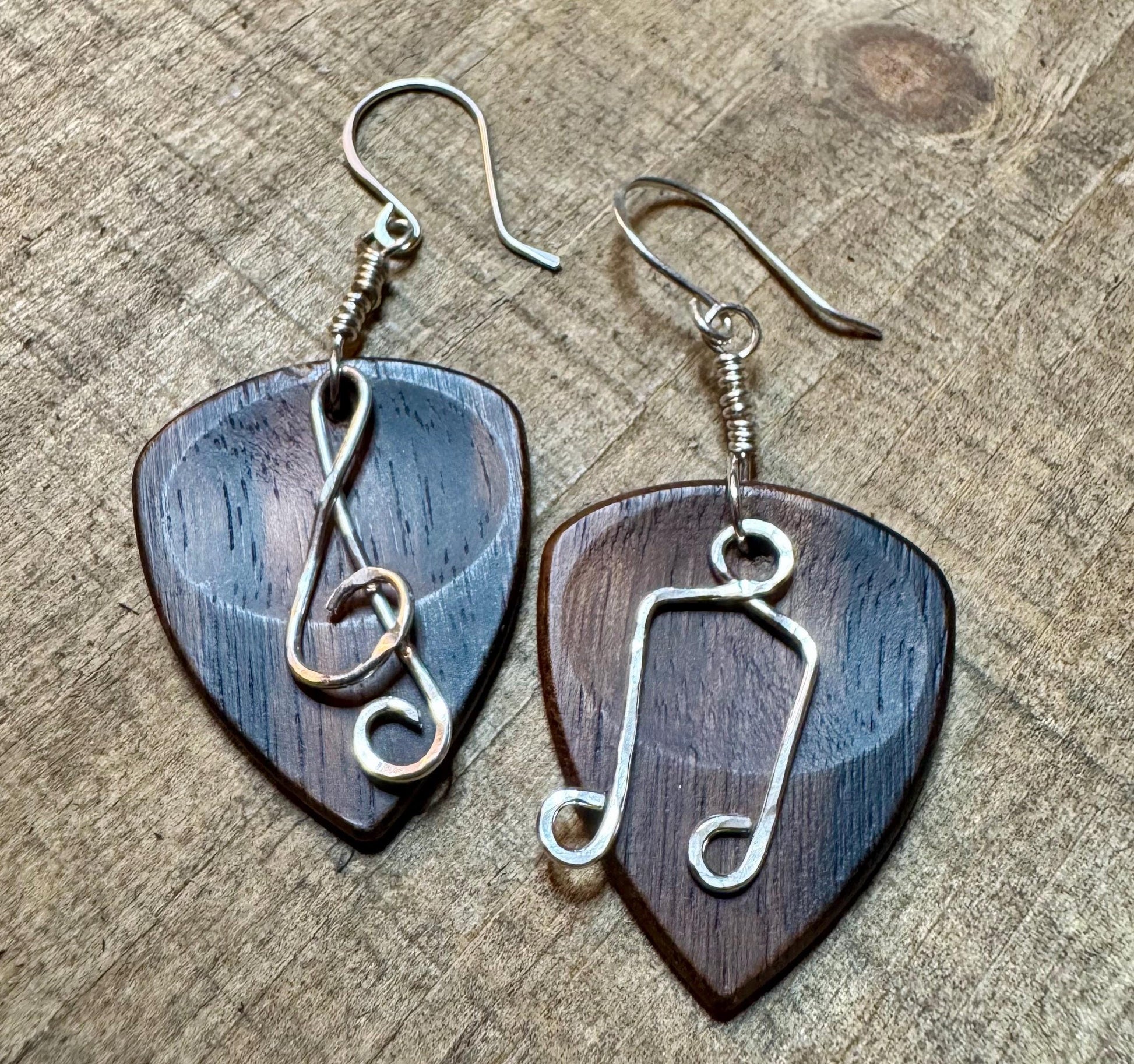 Guitar pick earrings / wood, sterling silver treble clef and note dangle