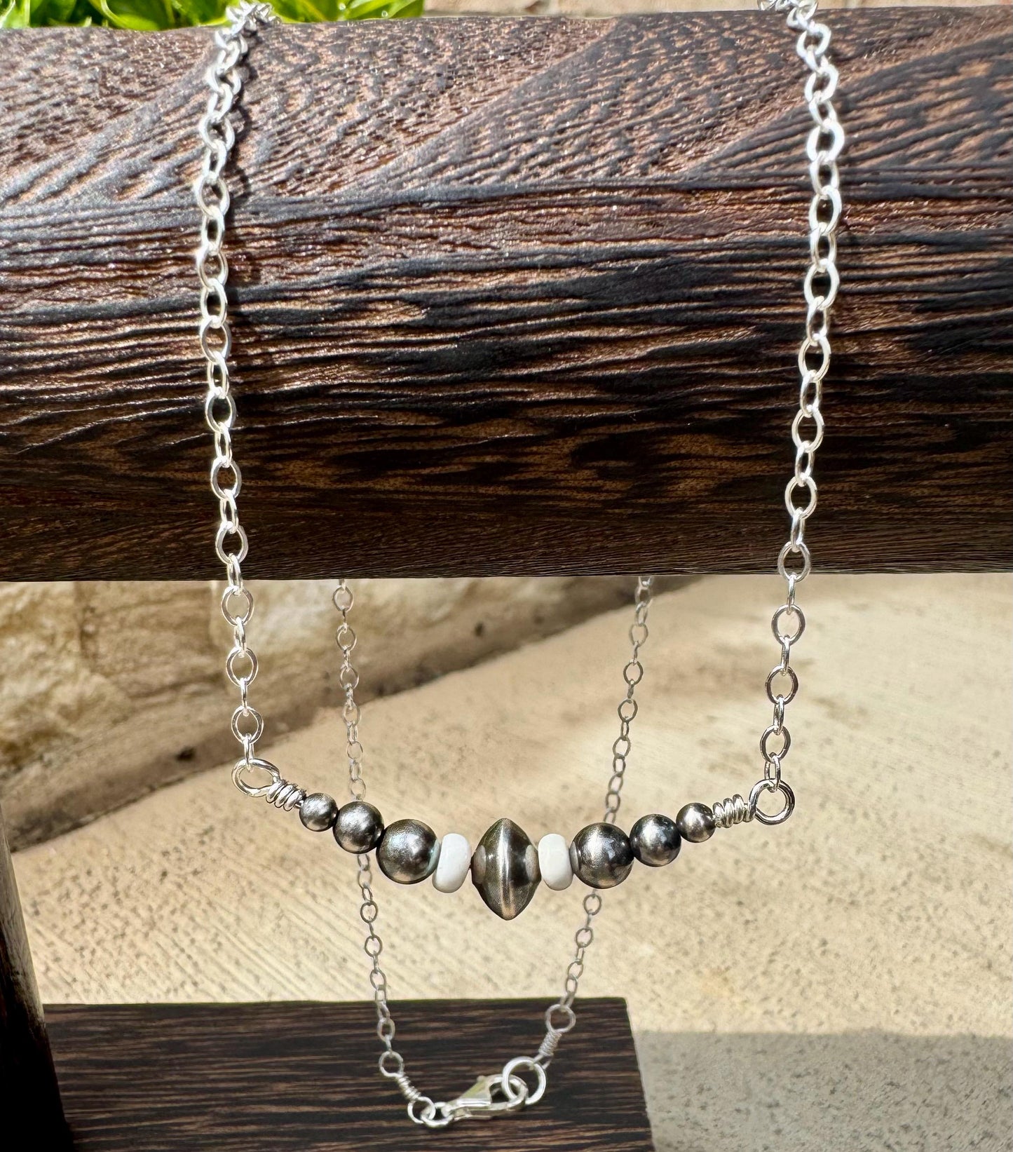 Navajo Pearl and White Turquoise Necklace, Sterling Cable Chain, Authentic Native Made Jewelry, Southwestern Style, Western necklace