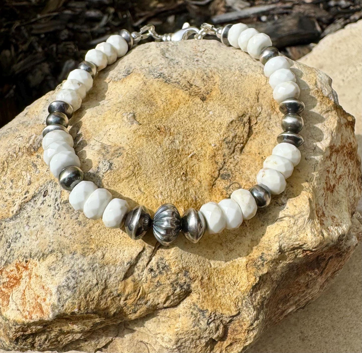 Navajo Pearl with White Turquoise gemstone/ sterling silver beaded bracelet