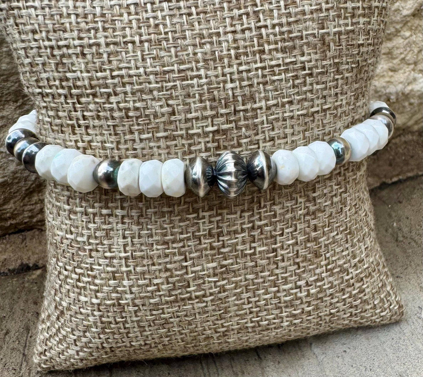 Navajo Pearl with White Turquoise gemstone/ sterling silver beaded bracelet