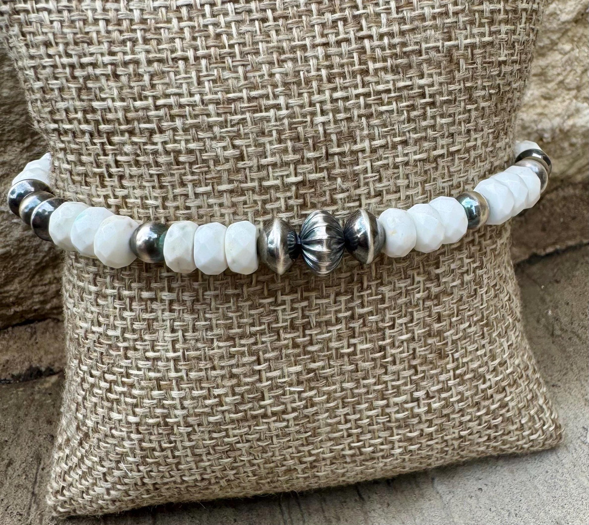 Navajo Pearl with White Turquoise gemstone/ sterling silver beaded bracelet