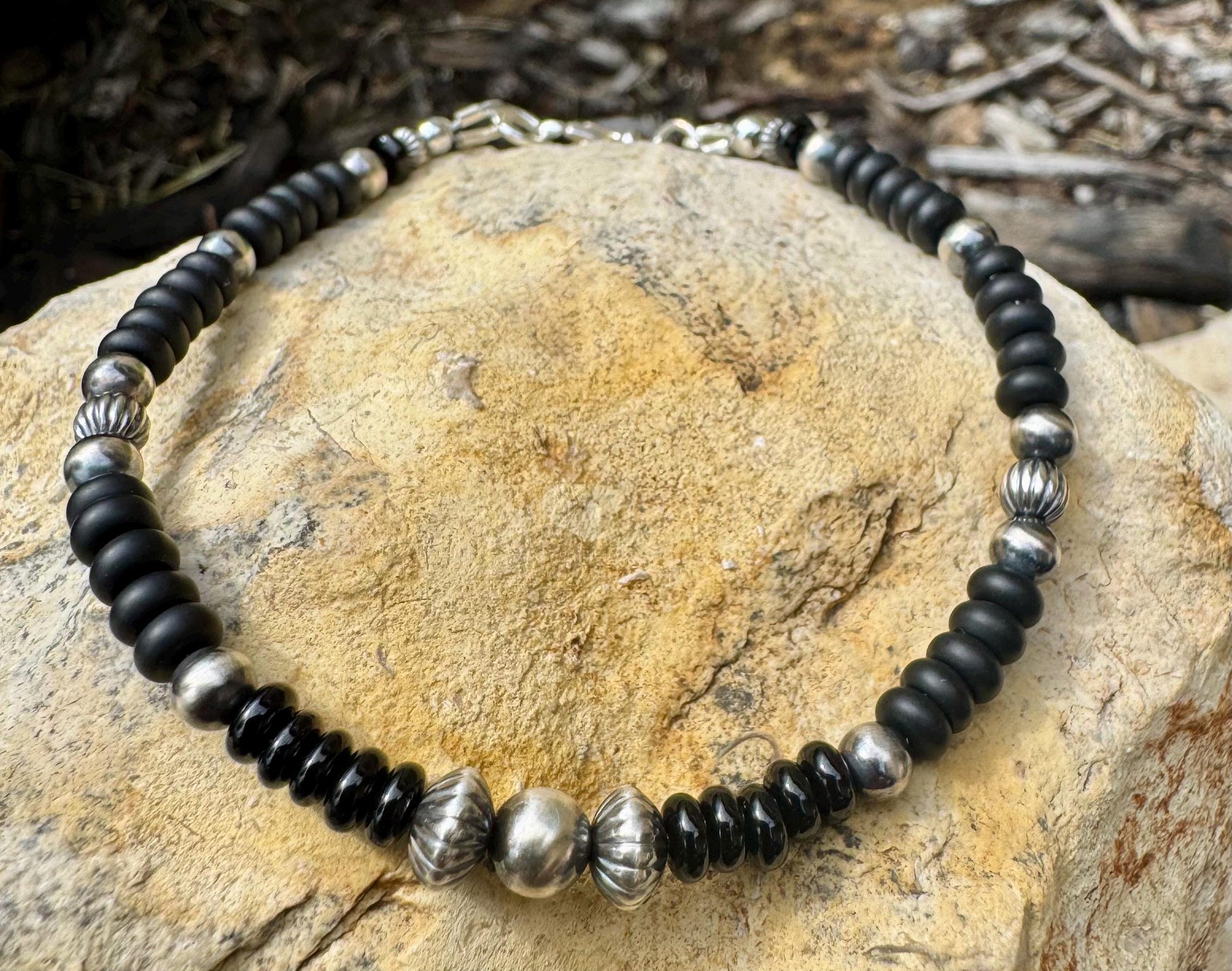 Navajo Pearl Bracelet with Black Onyx / sterling silver beaded gemstone bracelet