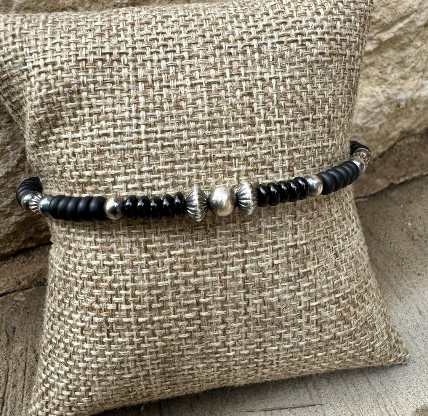 Navajo Pearl Bracelet with Black Onyx / sterling silver beaded gemstone bracelet