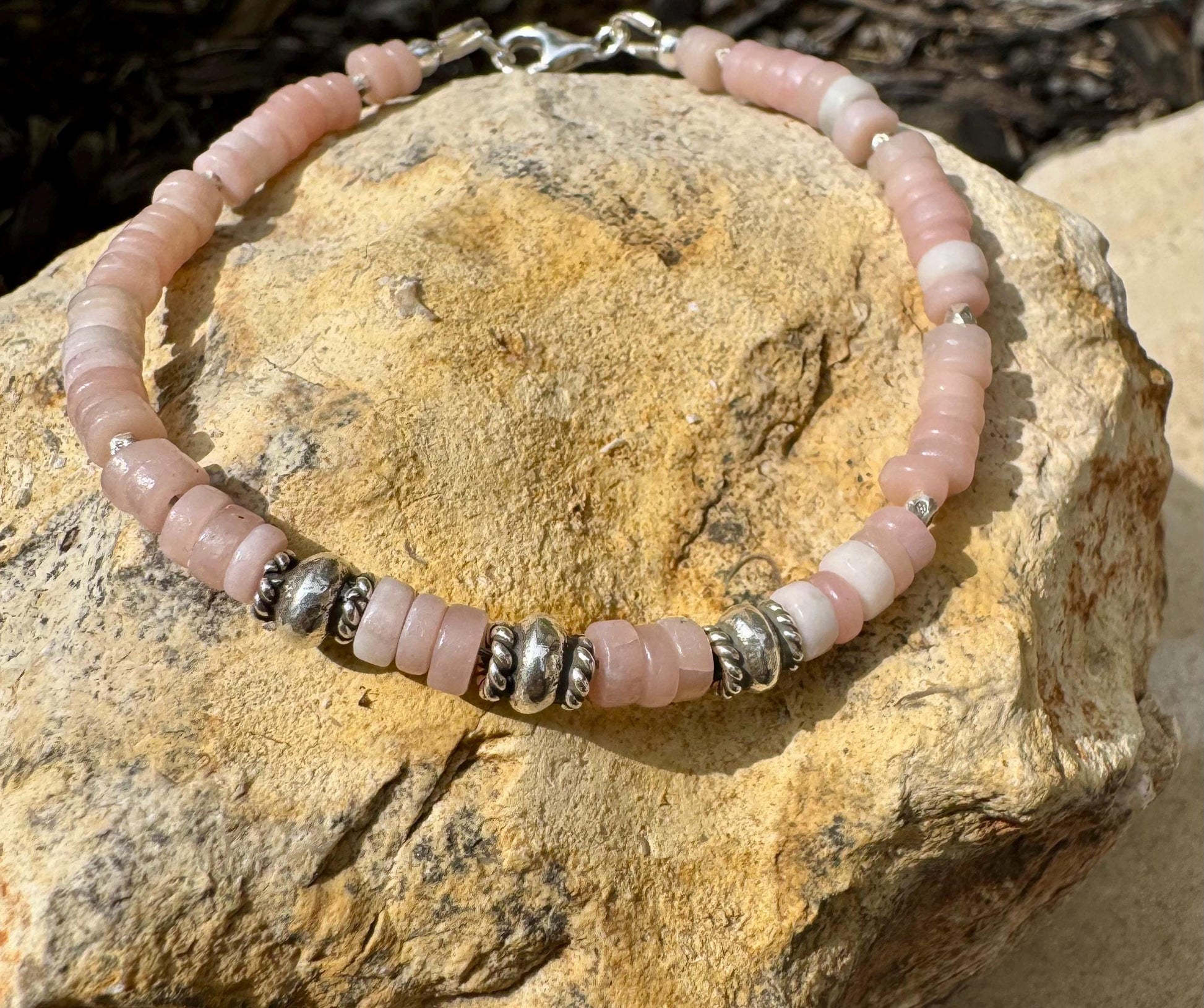 Pink Opal Bracelet, Sterling Silver Bracelet, Beaded Gemstone Bracelet, Opal Jewelry, Gift for Her, Elegant Trendy Accessory, Timeless Style