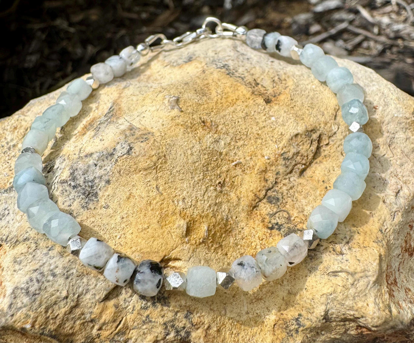 Aquamarine Lapis Moonstone with Rainbow Moonstone bracelet / sterling silver beaded gemstone bracelet