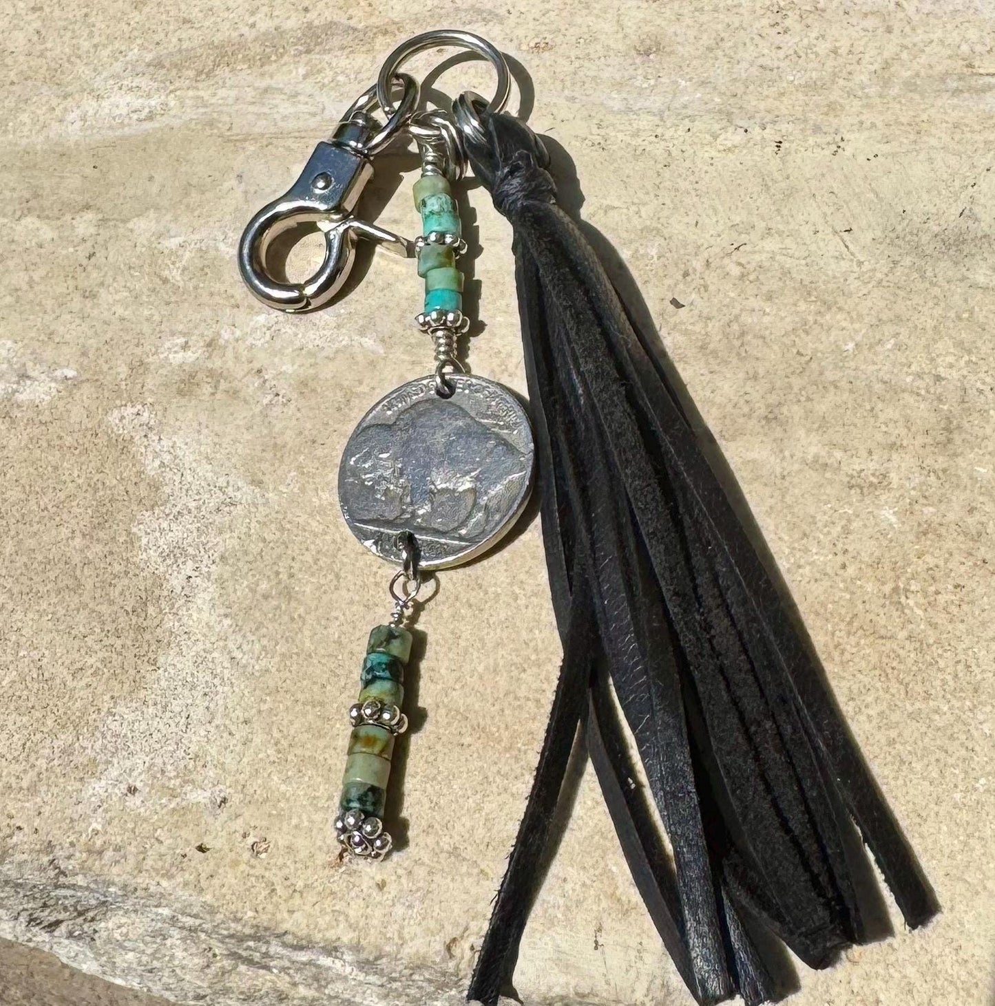 Indian head buffalo nickel leather purse tassel / keychain with African jasper turquoise gemstone