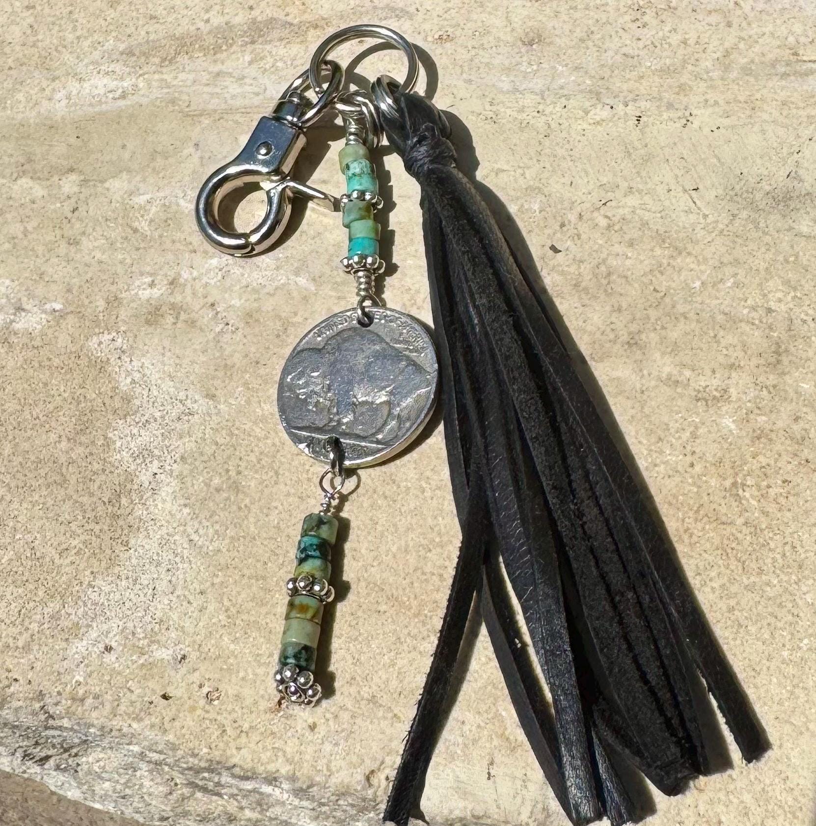 Indian head buffalo nickel leather purse tassel / keychain with African jasper turquoise gemstone
