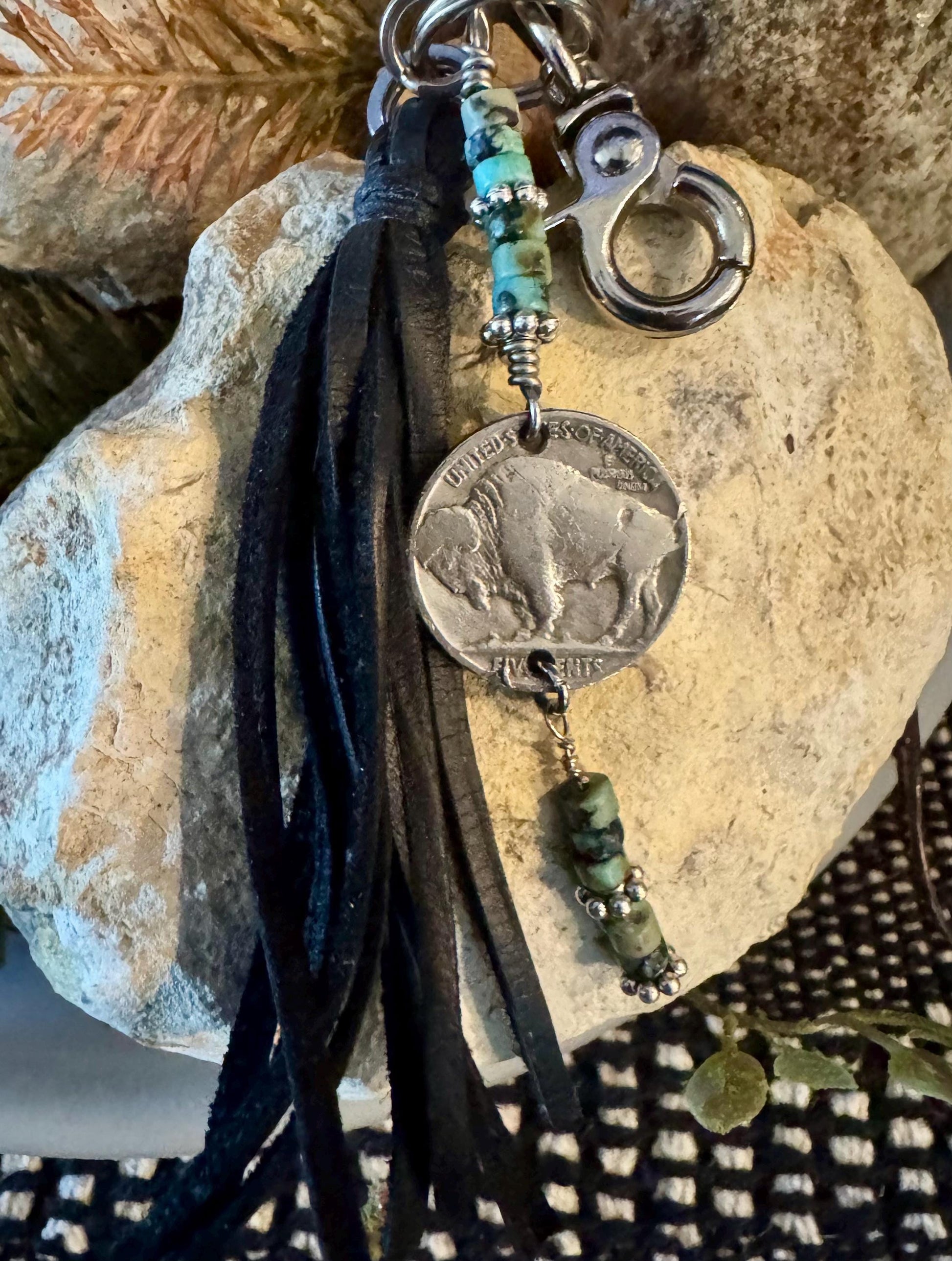 Indian head buffalo nickel leather purse tassel / keychain with African jasper turquoise gemstone