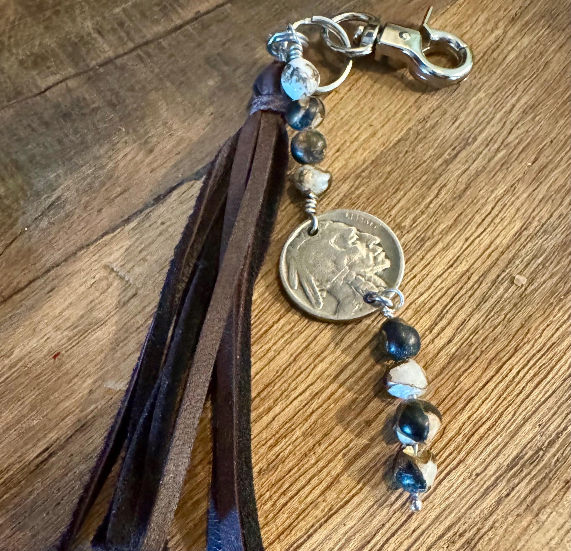 Leather purse tassel Indian head buffalo nickel keychain with white buffalo gemstone