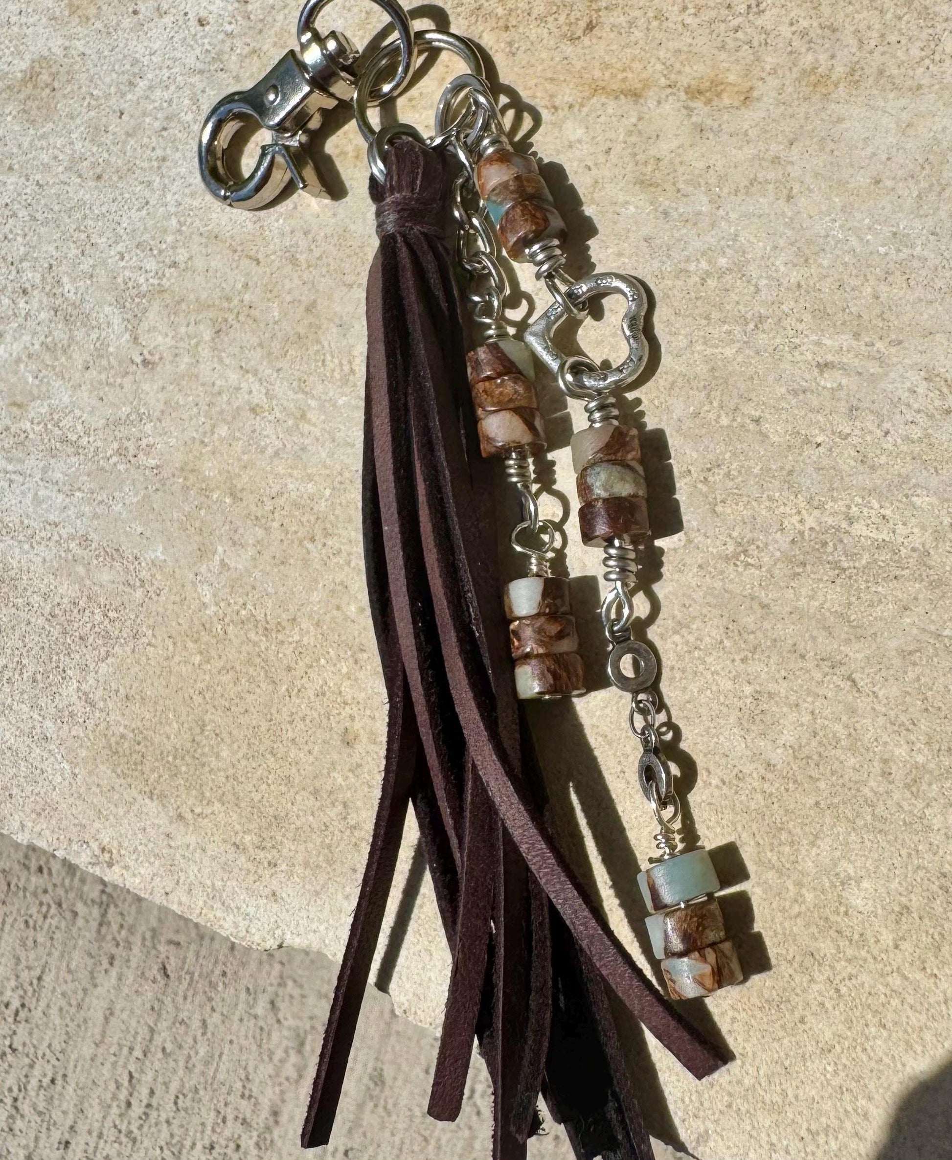 Leather purse tassel with Impression jasper gemstone / beads and sterling silver heart charm