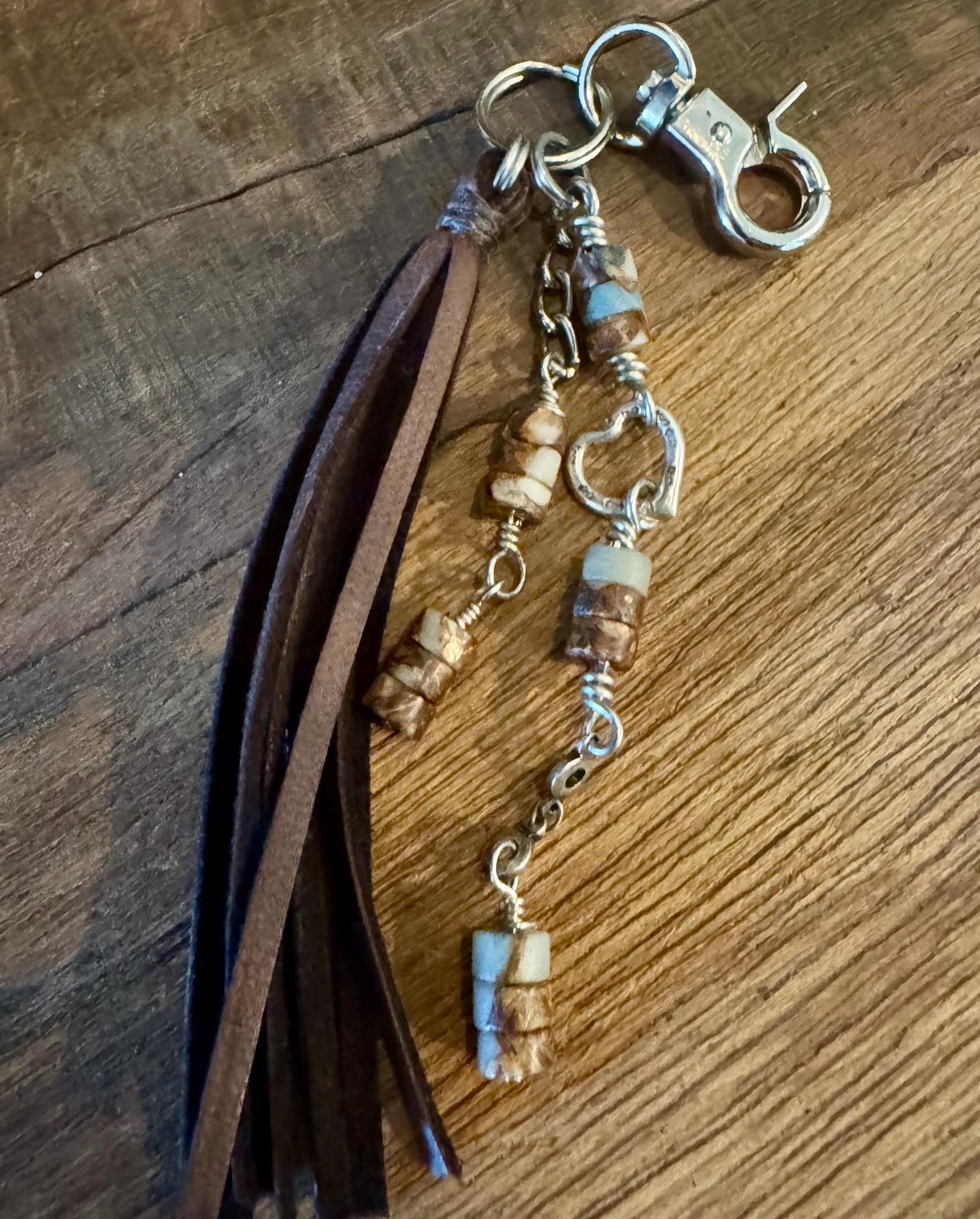 Leather purse tassel with Impression jasper gemstone / beads and sterling silver heart charm