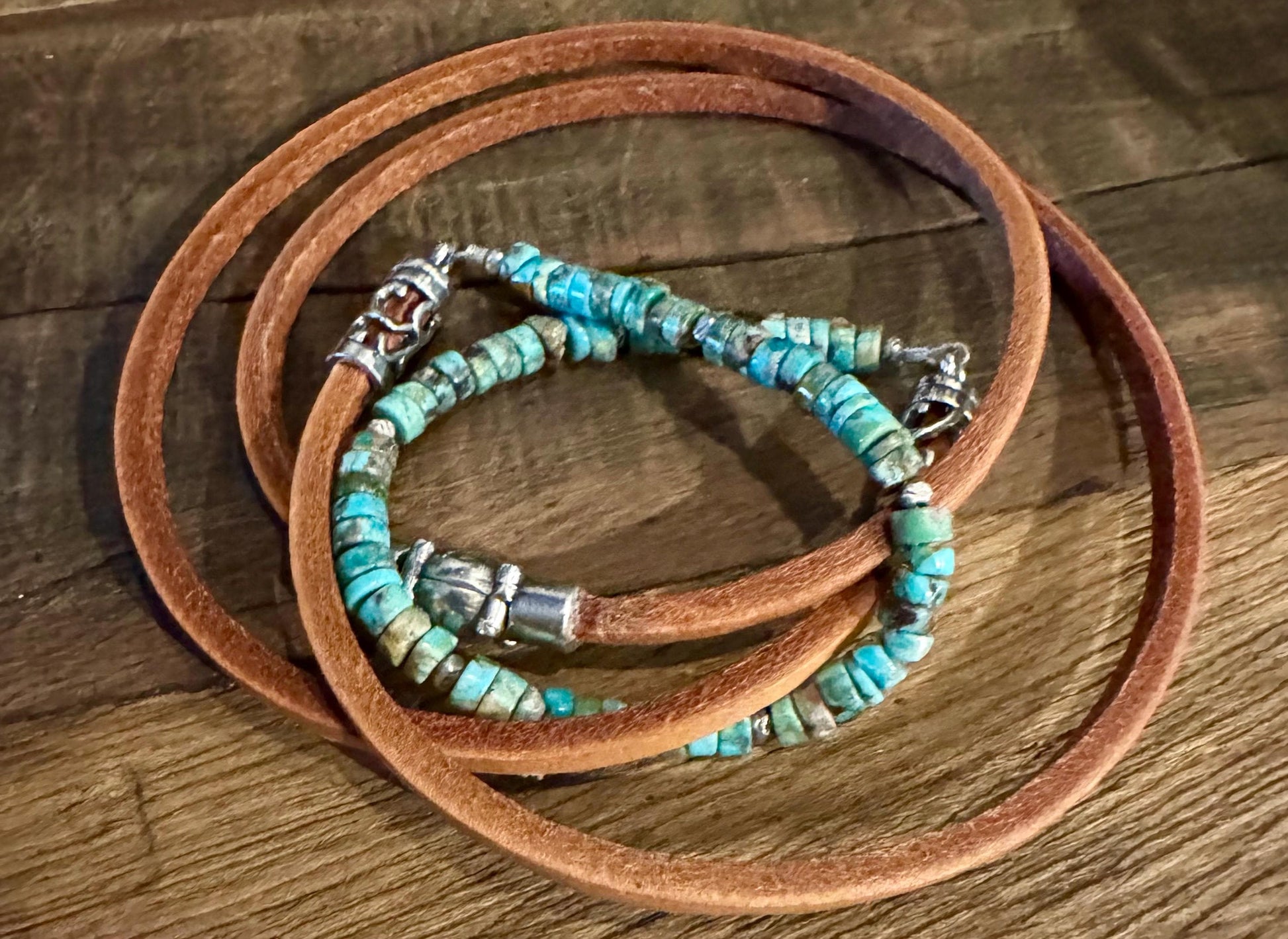 Turquoise Leather Wrap Bracelet, Sterling Silver Bracelet, Genuine Leather Gemstone Bracelet, Gift for Her