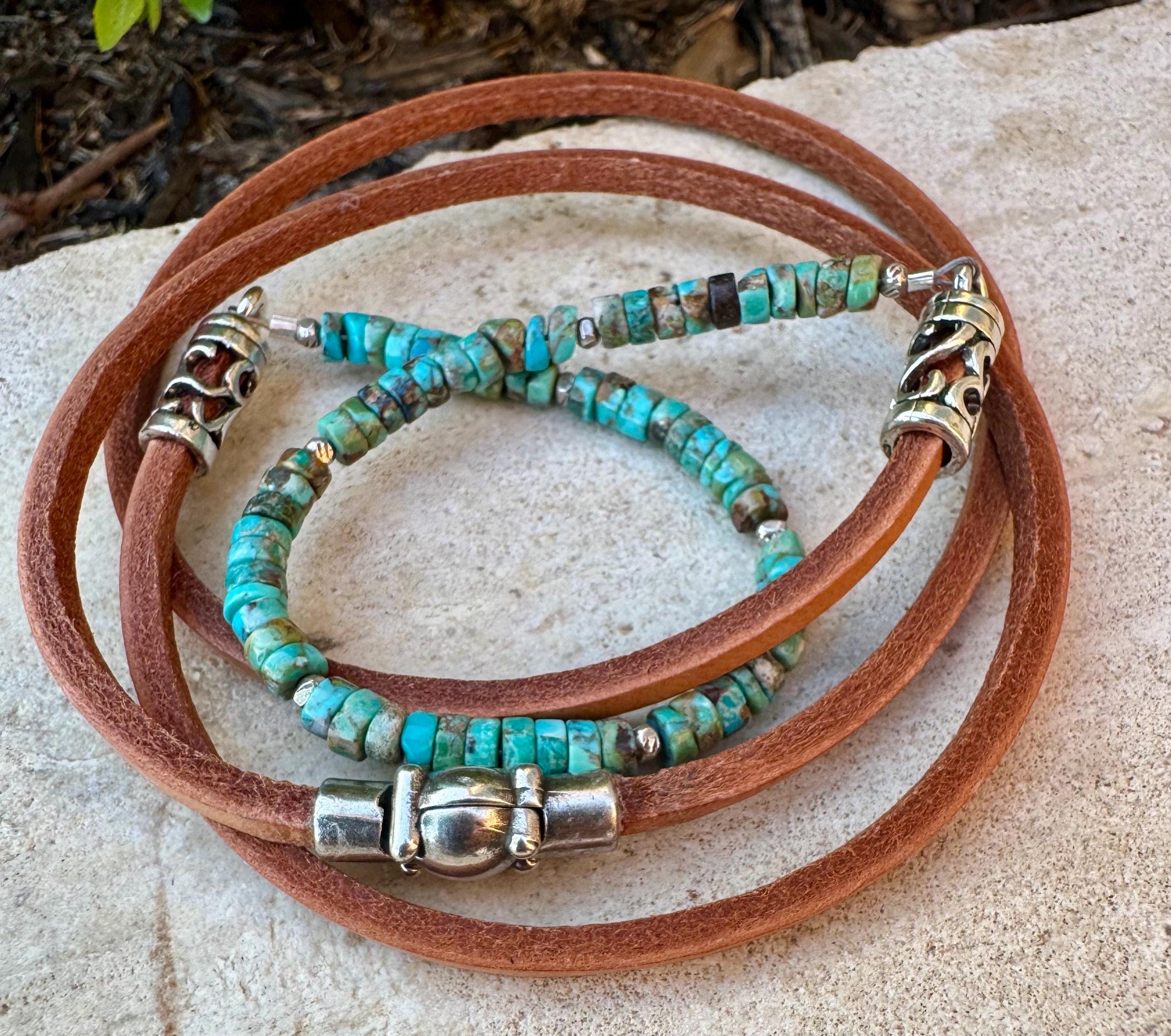 Turquoise Leather Wrap Bracelet, Sterling Silver Bracelet, Genuine Leather Gemstone Bracelet, Gift for Her