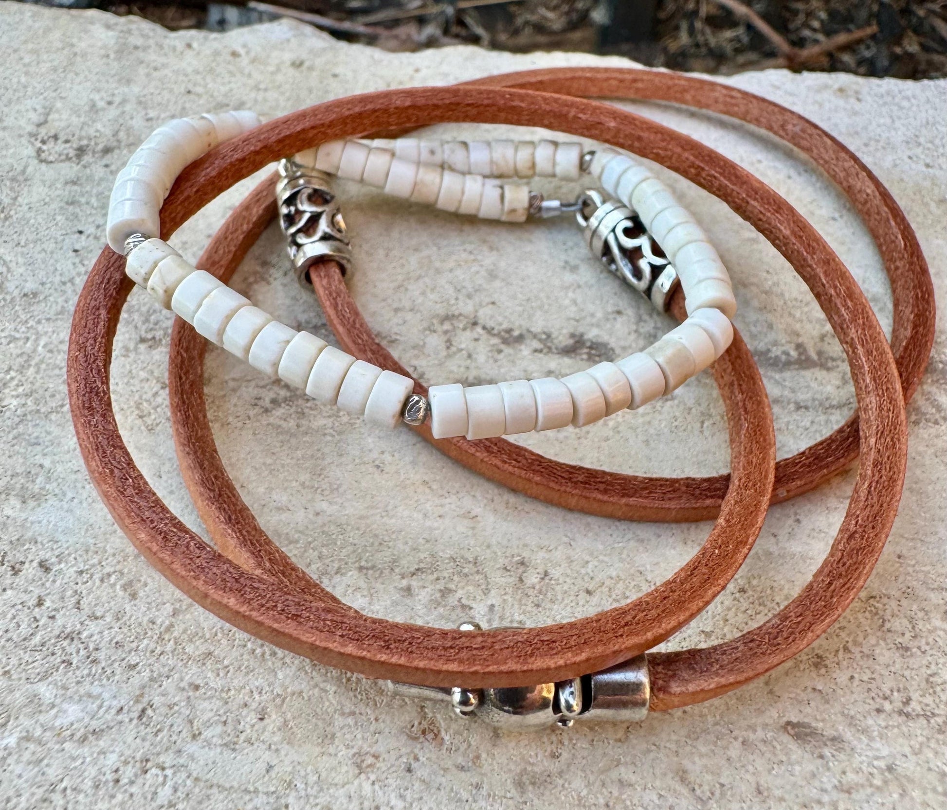 Sterling Silver Wrap Bracelet, White Turquoise Gemstone Bracelet, Leather Jewelry, Genuine Leather Gift, Stylish Wristwear