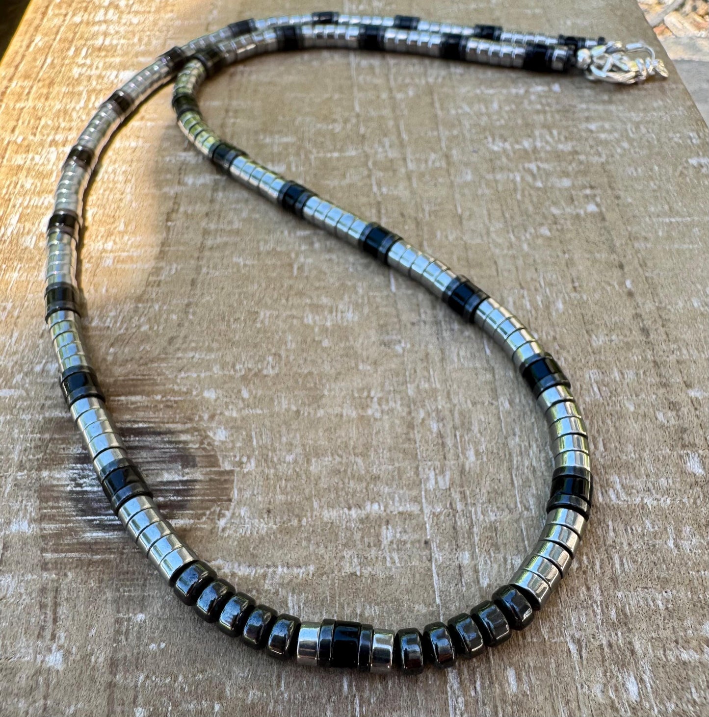Hematite and Black Onyx gemstone necklace / sterling silver gemstone beaded necklace