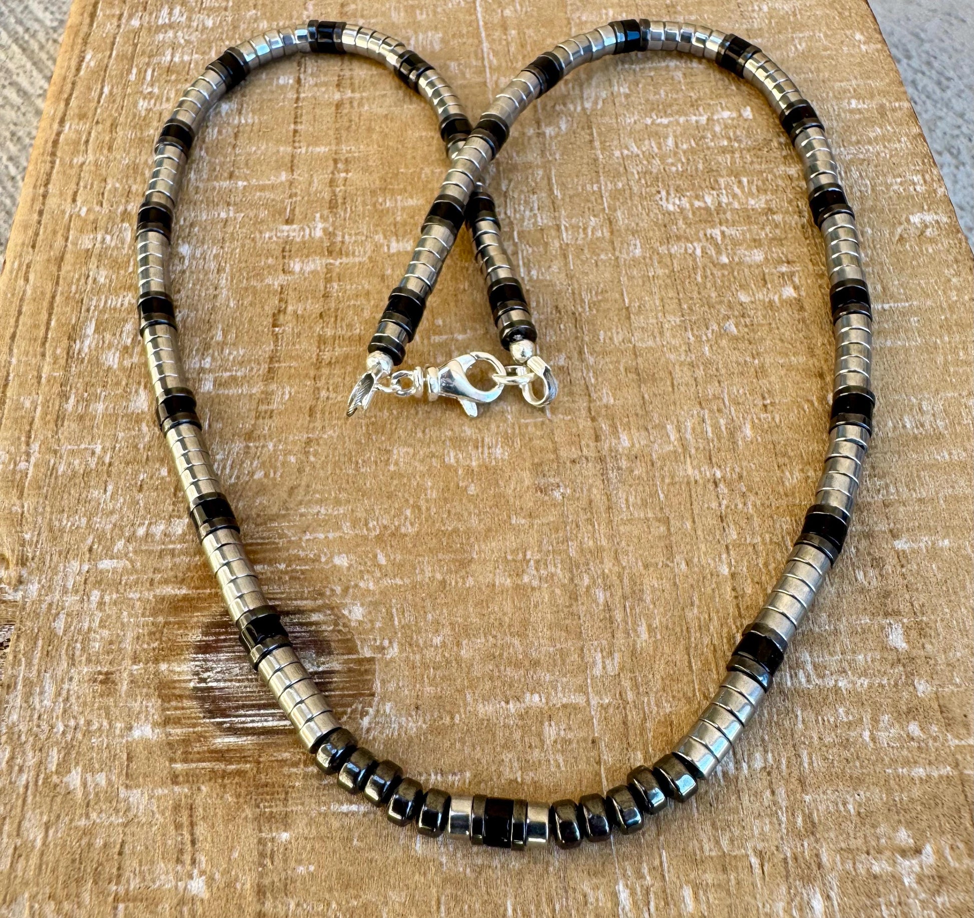 Hematite and Black Onyx gemstone necklace / sterling silver gemstone beaded necklace