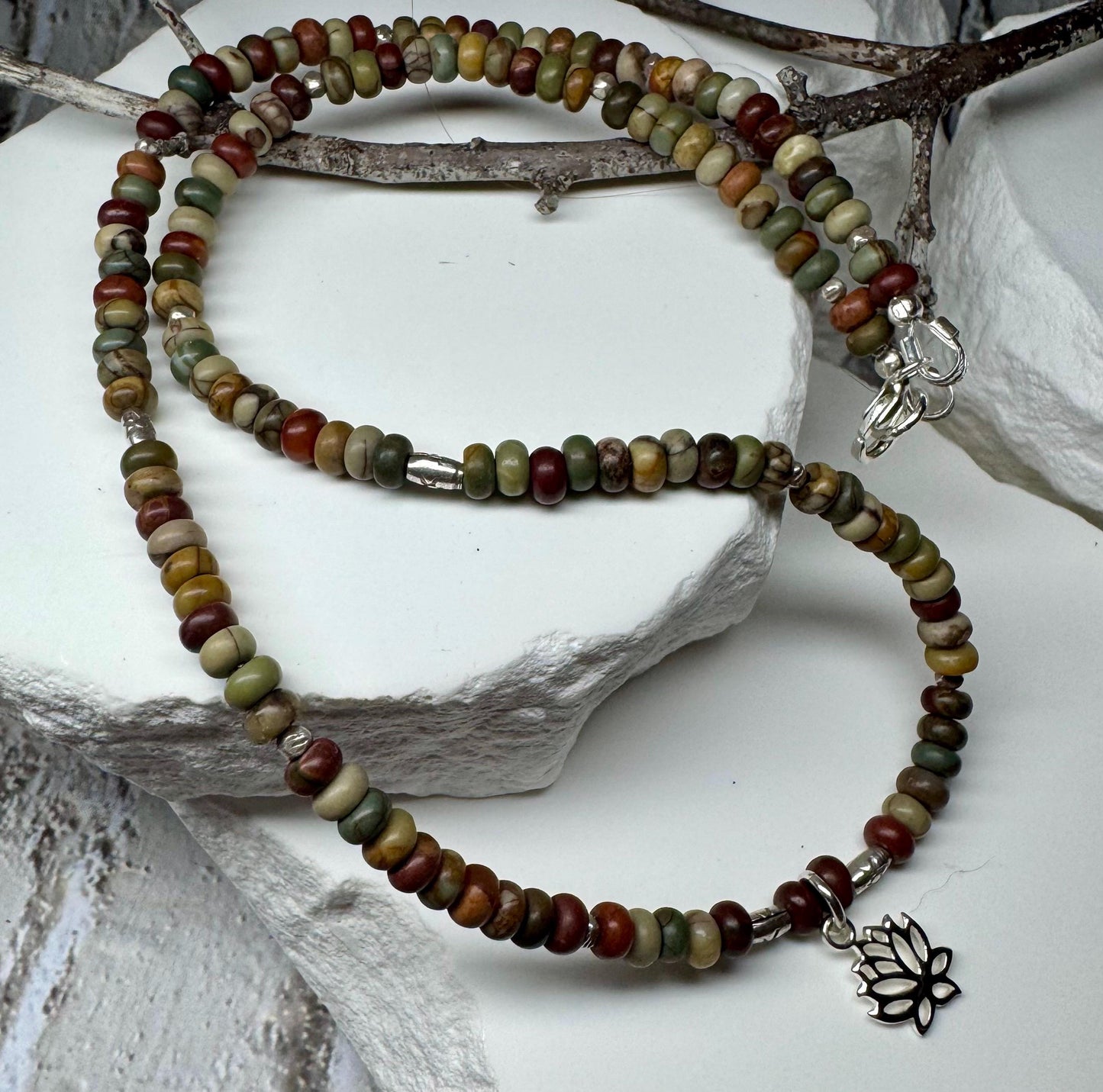 Picasso Red Creek Jasper gemstone necklace with sterling silver spacers and lotus flower pendant