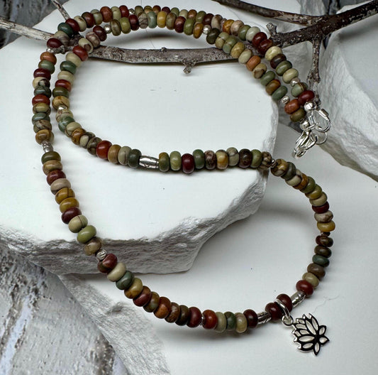 Picasso Red Creek Jasper gemstone necklace with sterling silver spacers and lotus flower pendant