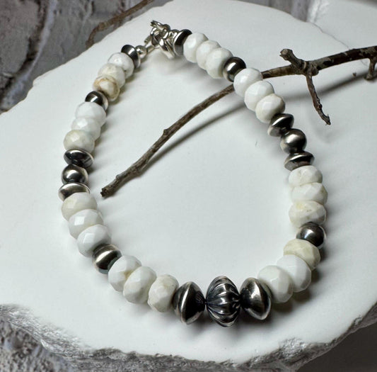 Navajo Pearl with White Turquoise gemstone/ sterling silver beaded bracelet