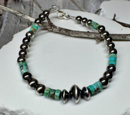 Natural Blue Green Brown Turquoise with Navajo Pearls, Sterling Silver Beaded Jewelry, Gemstone Bracelet, Turquoise Gift