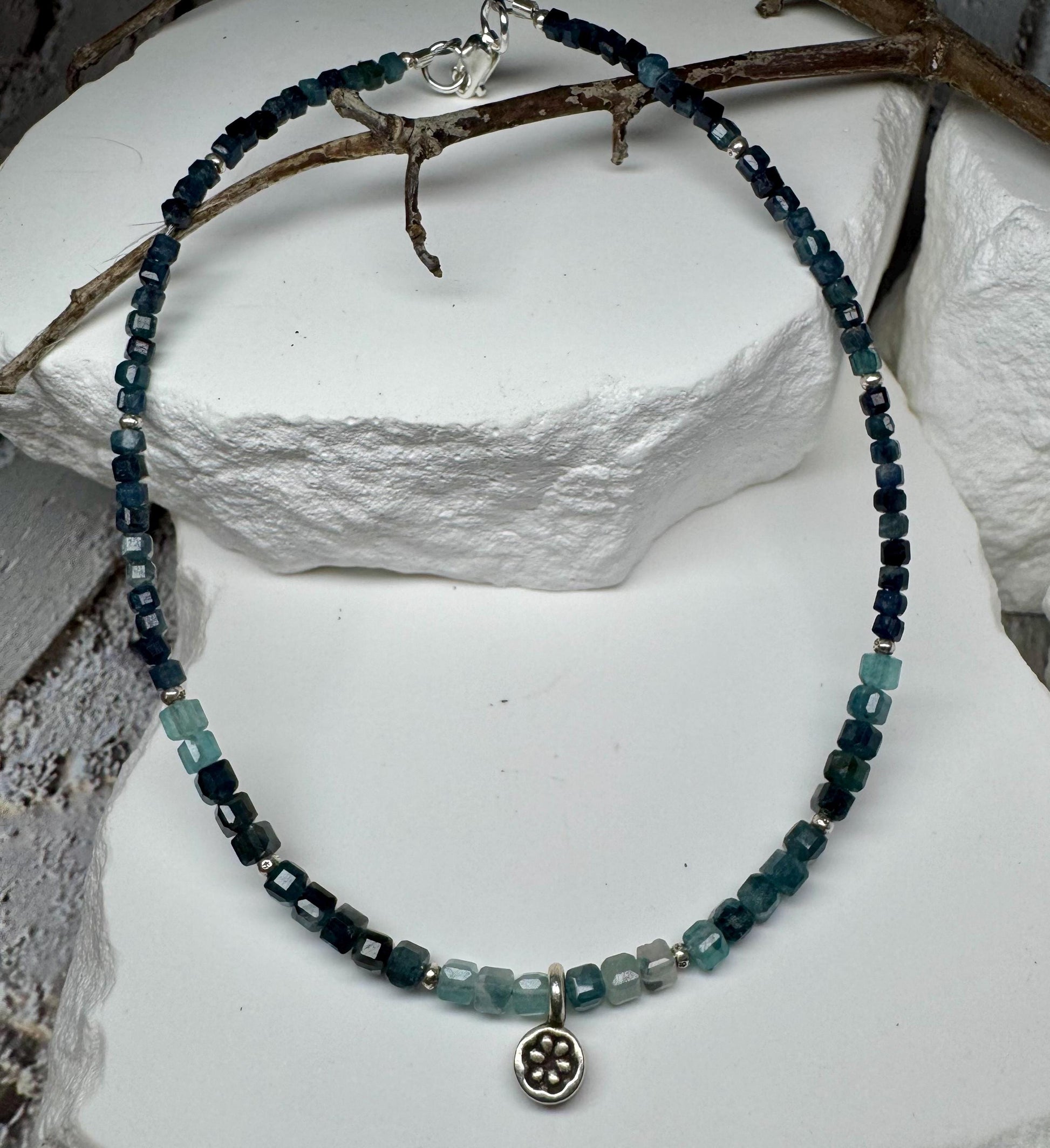 Tourmaline Paraiba Blue Indicolite anklet with flower charm / sterling silver gemstone ankle bracelet